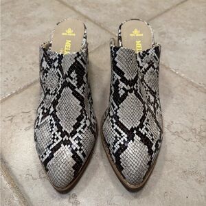 Faux snake skin heeled mule bootie